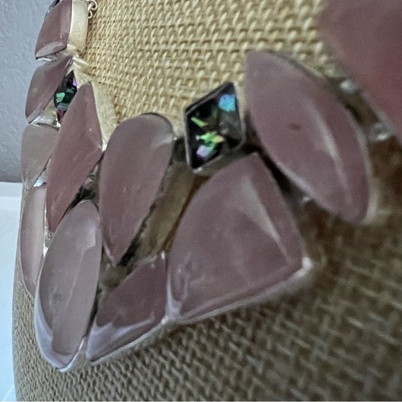 New Rose Quartz Stone w Mystic Topaz Cluster Statement Silver Overlay Necklace - Picture 11 of 13